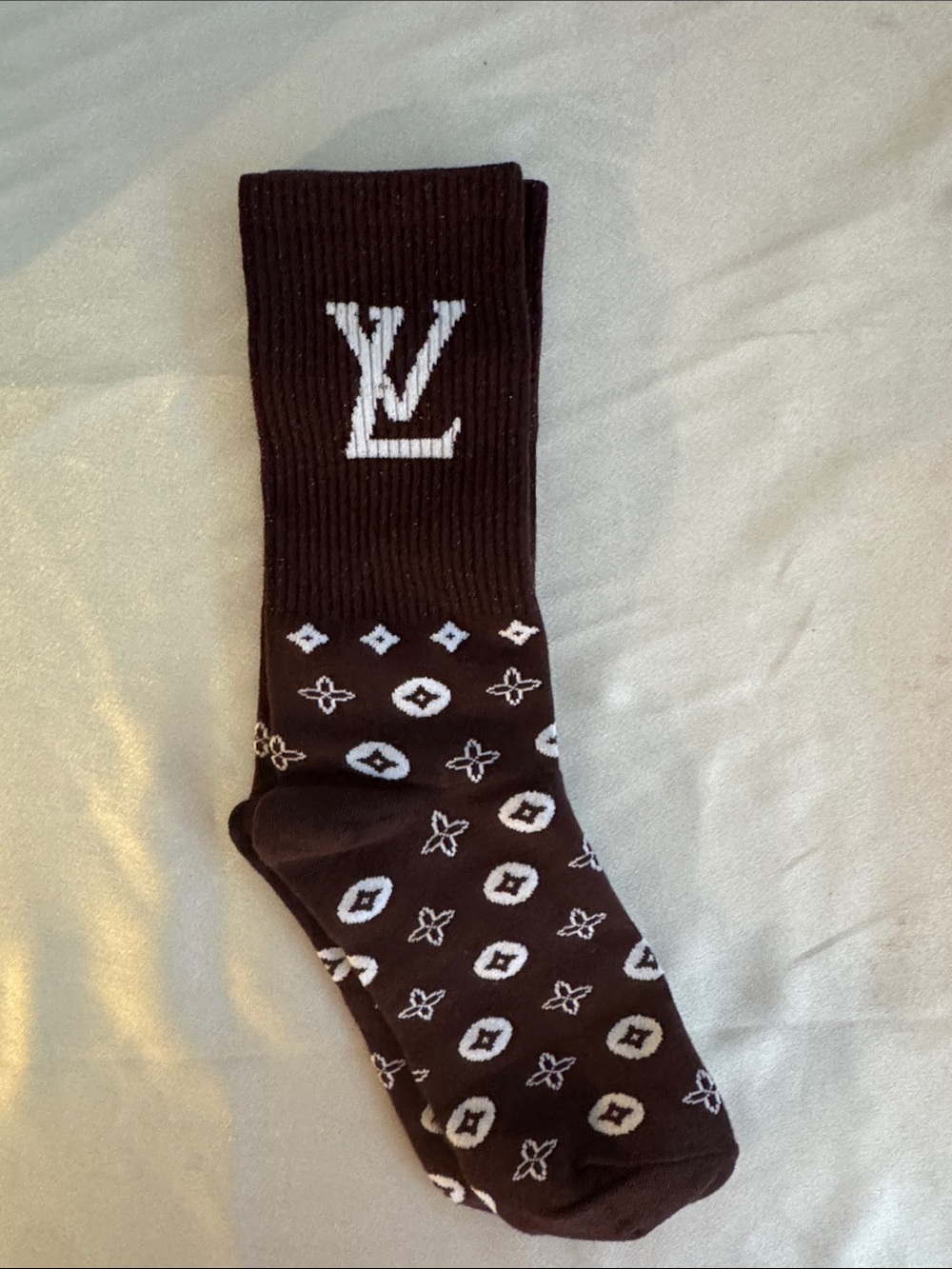 New! Louis Vuitton Brown Crew Socks with White Monogram